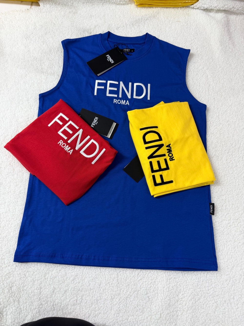 Fendi Blue Sleeveless Roma Tank with Red & Yellow Logo Tees